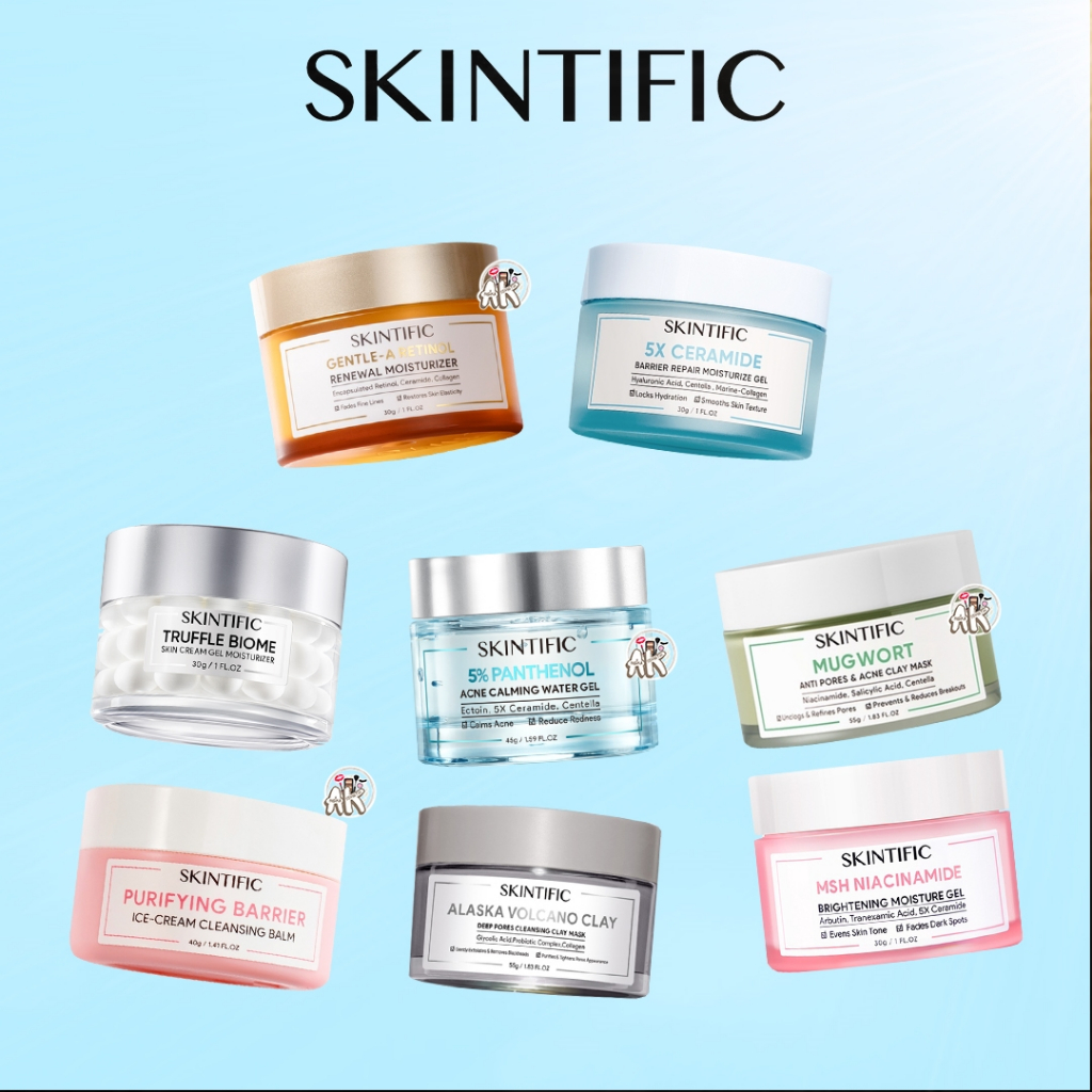 SKINTIFIC SKINCARE SERIES ( MSH NIACINAMIDE GEL /  MOISTURIZER GEL TRUFFLE BIOME / ICE CREAM CLEAN BALM / CLAY MASK ALASKA VOLCANO / PANTHENOL 5% / GENTLE  A RETINOL / 5X CERAMIDE BARRIER GEL / CLAY MASK MUGWORT ANTI PORES )