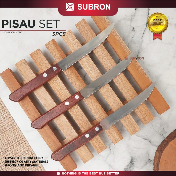 3Pcs Garpu Pisau Makan Steak Handle Kayu Stainless Steel - SUBRON