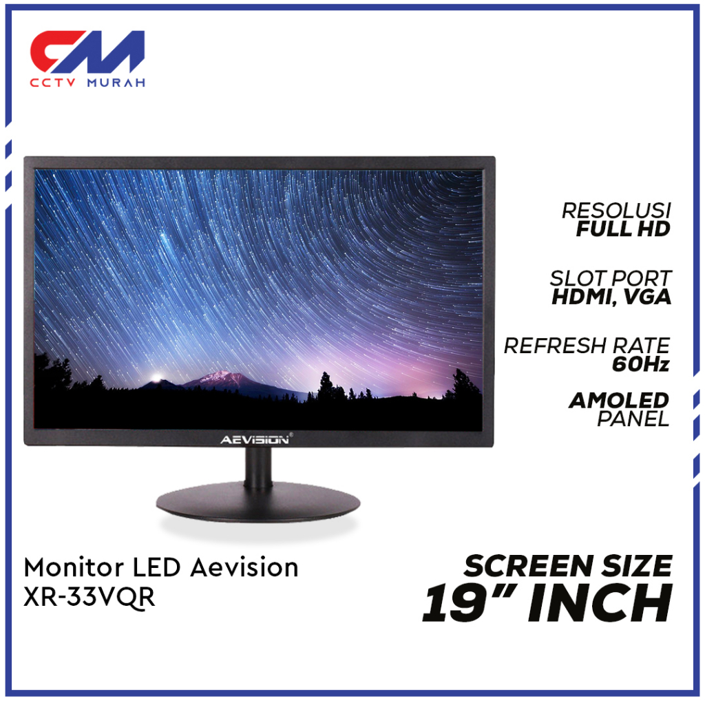 Monitor LED 19 Inch Aevision Amoled Panel Resolusi Full HD, Refresh Rate 60Hz