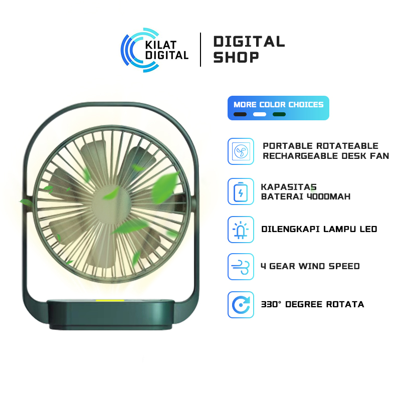 Kipas Again Portable Fan 4000mAh Rotateable Rechargeable Led Illuminated 4 gear Wind Speed 330° Degree Rotata