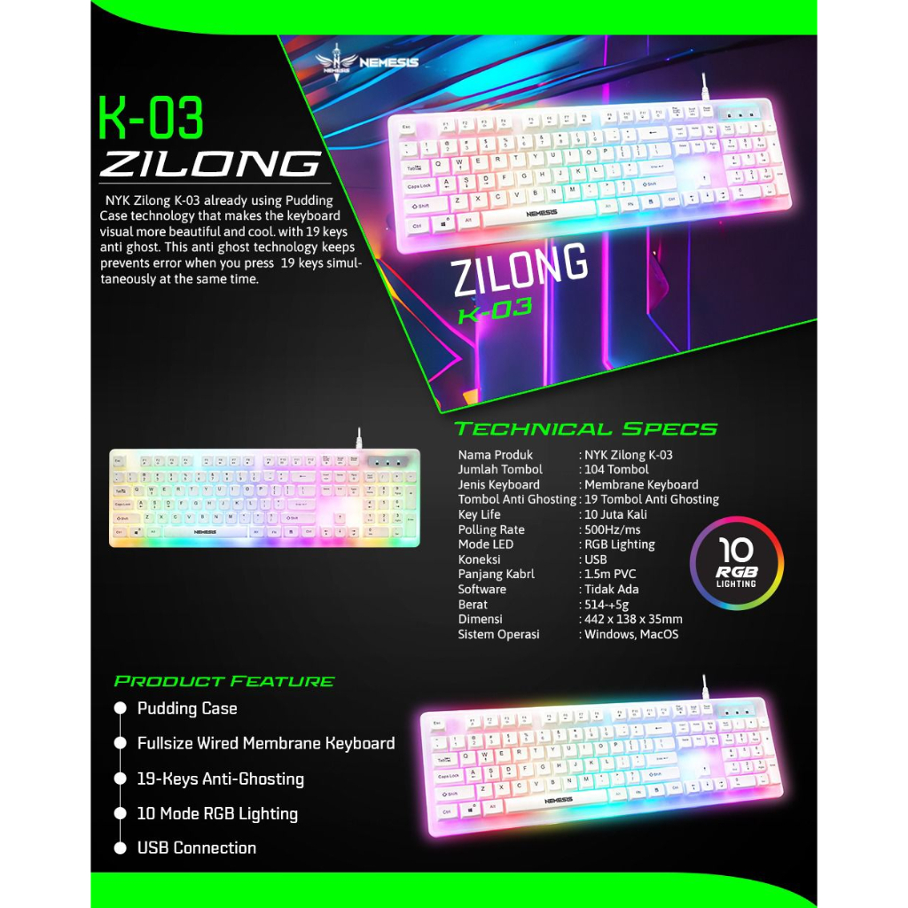 NYK Keyboard Gaming Zilong K-03 Membrane Pudding Case Full RGB