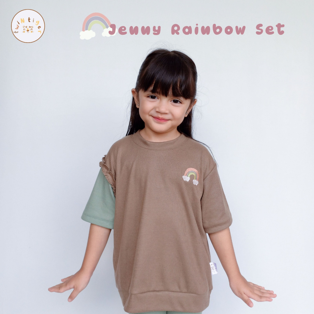 Twin Tiger Jenny Rainbow Set 1-6 Tahun Setelan Ruffle Pendek Panjang Tricolor Anak Perempuan