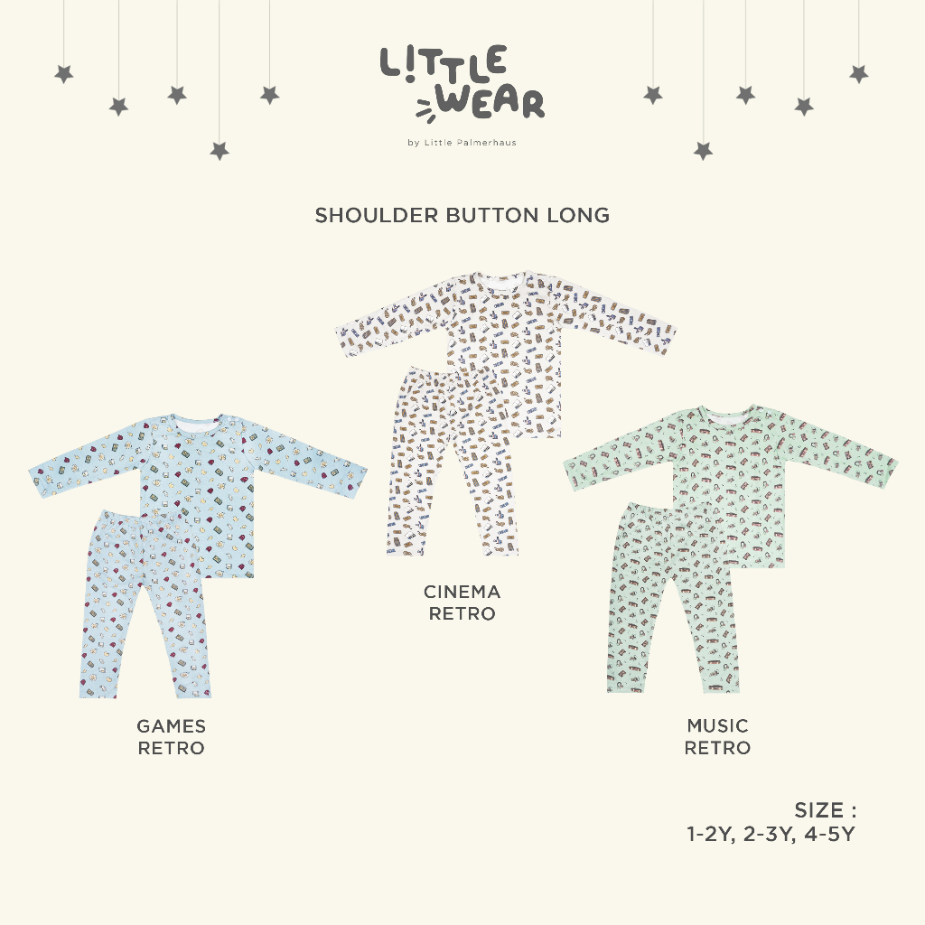 Baju Bayi Anak 1 – 5 Tahun Setelan Piyama Panjang Palmerhaus Little Wear Shoulder Button Long Sleeve Cinema / Music /Games Retro 1-5 Tahun