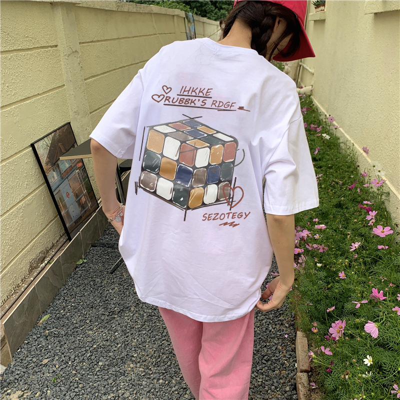 XiaoZhaiNv Kaos Atasan Oversize Wanita Colorful Magic Cube Pattern Lengan Pendek A0480