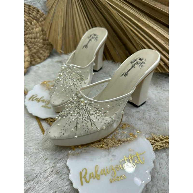 Sepatu wedding pesta Cantik anggun Ivory 9cm tahu