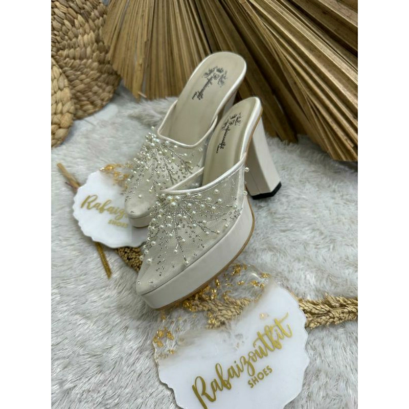 Sepatu wedding pesta Cantik anggun Ivory 9cm tahu