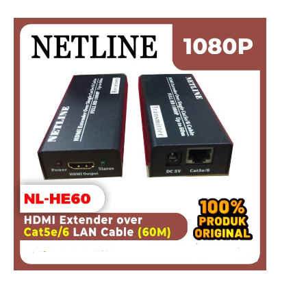 Hdtv extender over lan netline 60m cat 5e 6 6e 1080p adapter nl-he-60 - hdtv to rj45 cat5 cat6 200 meter full hd adaptor he60