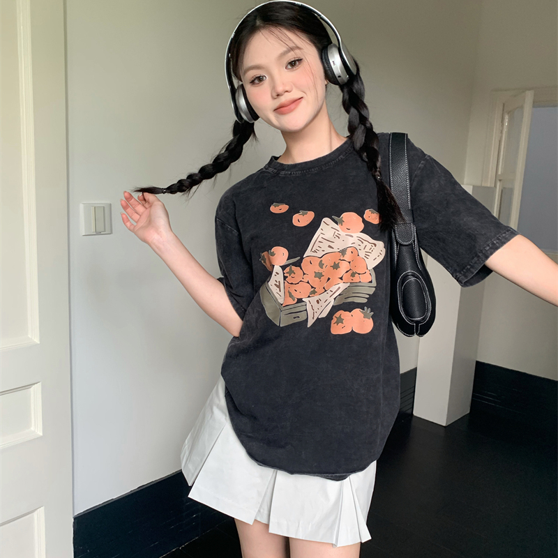 Print Washed T-shirt Kaos Lengan Pendek Oversize Cartoon Tomato Korean Style Atasan Wanita