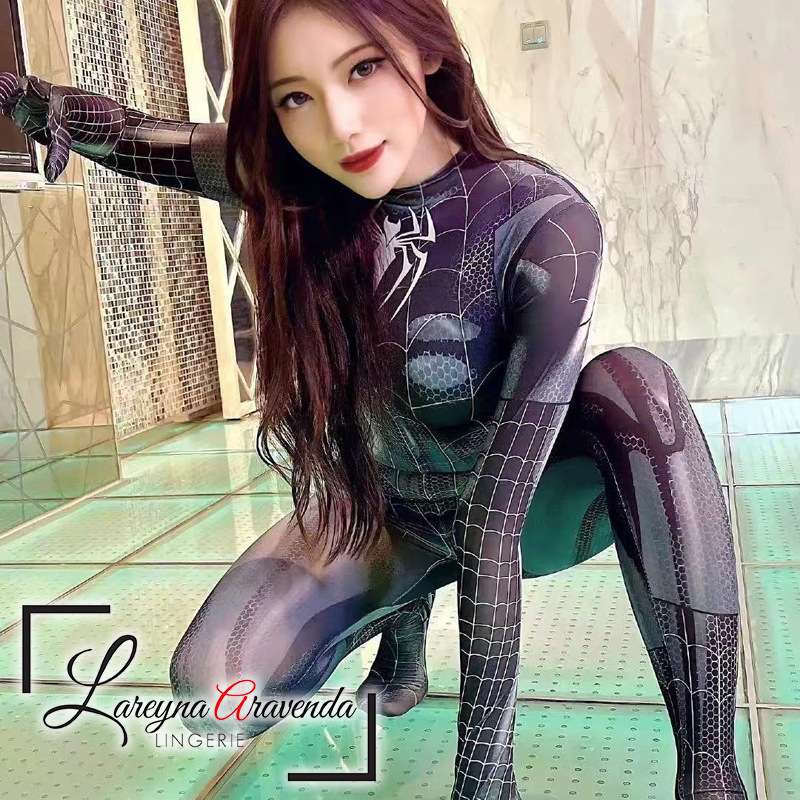 Lareyna Aravenda Bodysuit Wanita Lingerie Kostum Playsuits Cosplay Superhero Black Spiderman LG165