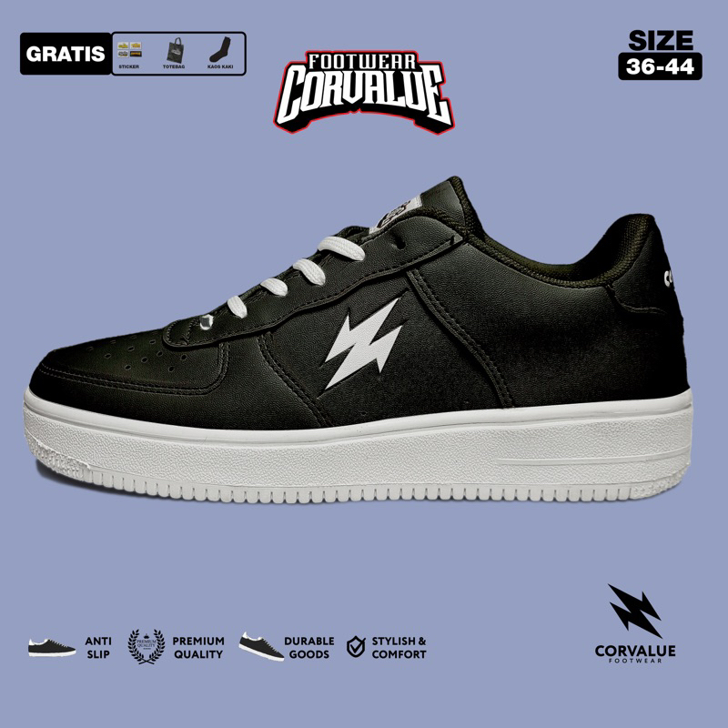 SEPATU CORVALUE FOOTWEAR - Sepatu Sneakers Kasual Pria Wanita Hiratsuka Black white emb putih Original