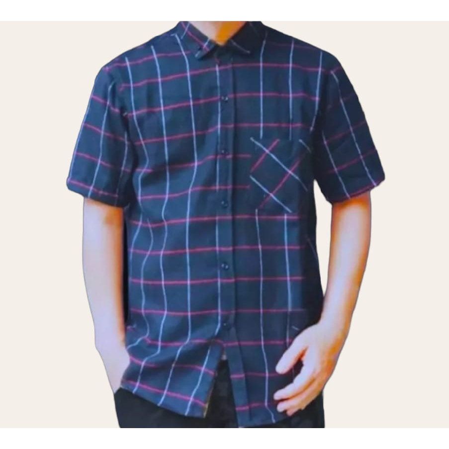 kemeja flanel pria lengan pendek motif garis merah putih/ kemeja flanel pria dan wanita casual distr