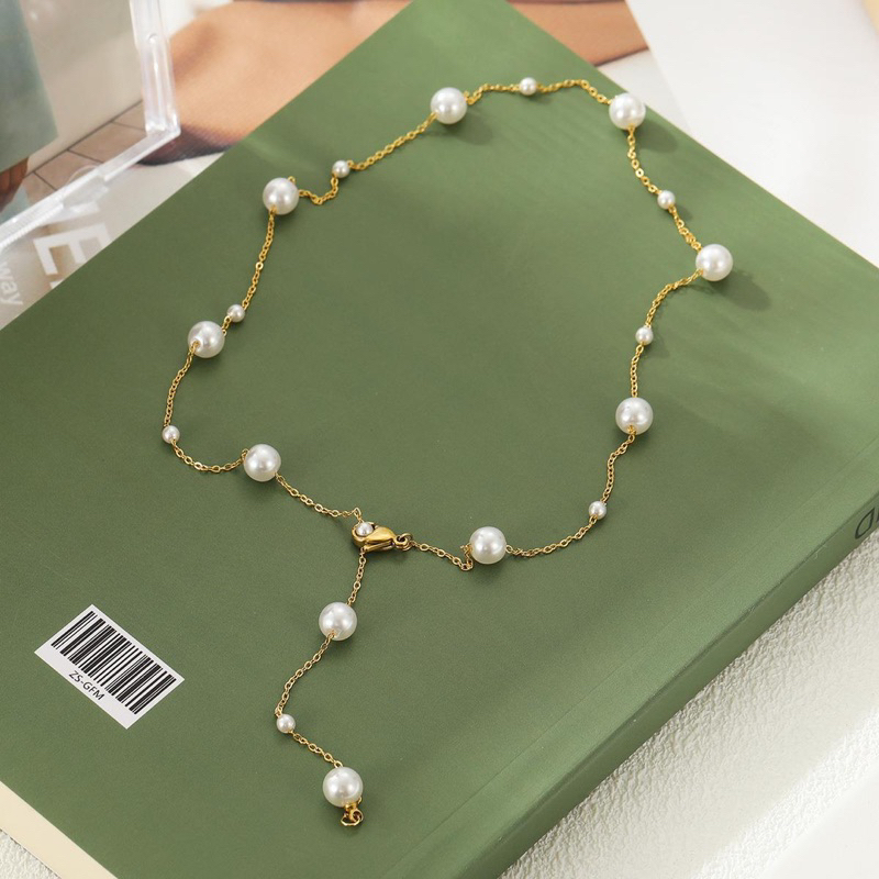 Kalung Titanium Mutiara Juntai Gold Korea Fashion Style Elegan