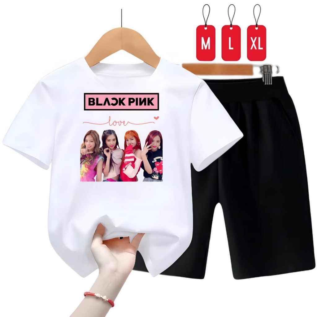 Hzl_outfit Setelan Kaos Celana Anak BLK pink Love M.L.XL