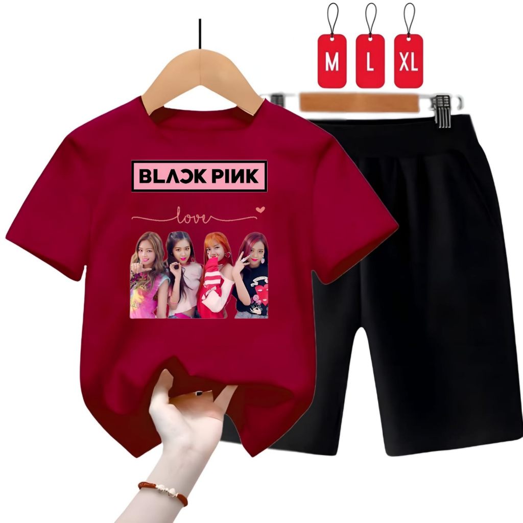 Hzl_outfit Setelan Kaos Celana Anak BLK pink Love M.L.XL