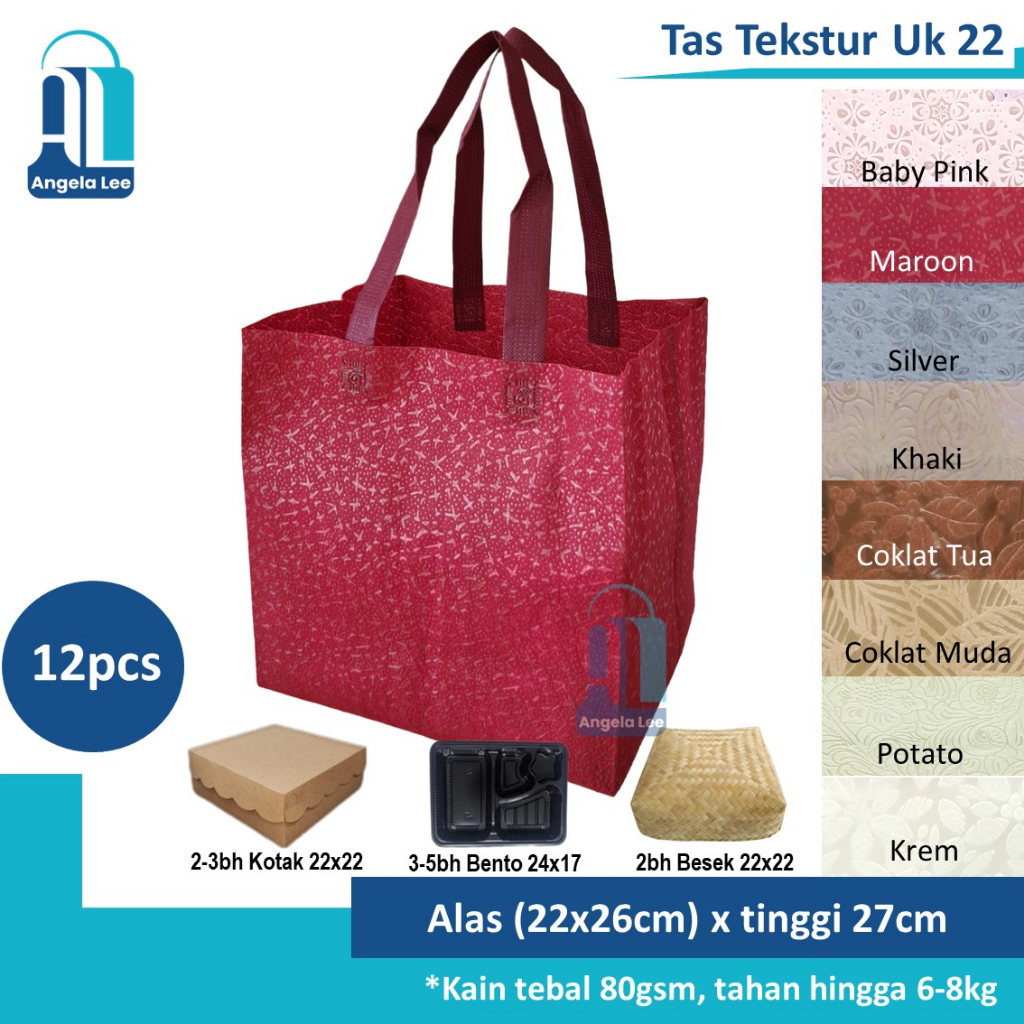 12pcs Tas Kain Spunbond Motif Timbul Tekstur Mewah muat 3box 22x22 Hajatan Syukuran Souvenir