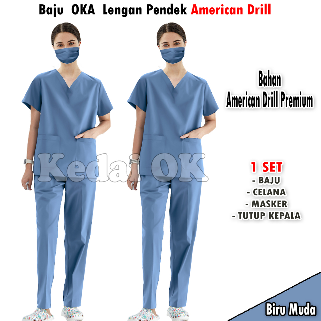 Baju OK Medis Lengan Pendek Terbaru - Seragam Jaga Perawat - Suster - Dokter - Bahan American Drill - Promo Murah