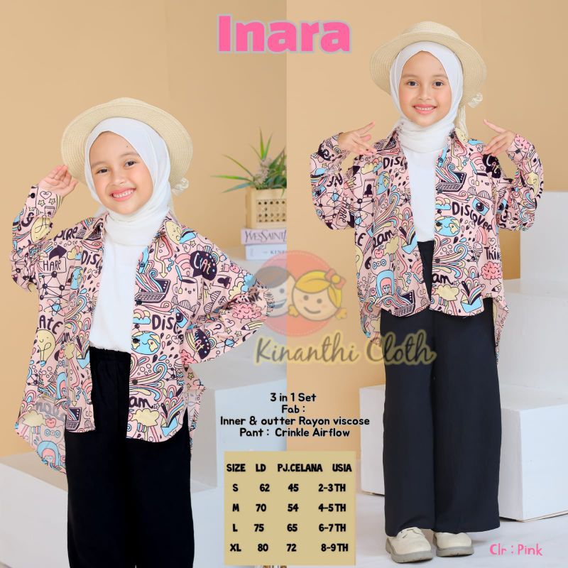 ONE SET 3IN1 KIDS // Original Kinanthi Setelan Anak Inner+Outer+Celana Katun Rayon Mix Crinkle Airfl