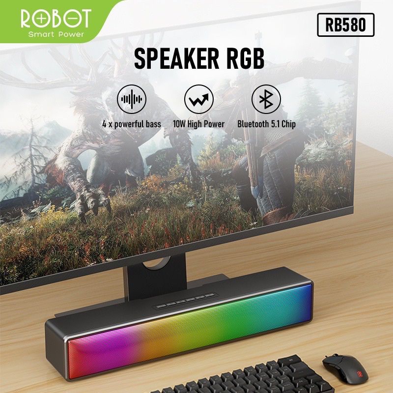 Speaker Bluetooth Robot RB580 Soundbar Bluetooth Speaker 10W Ultra Bass with RGB Light Robot RB-580