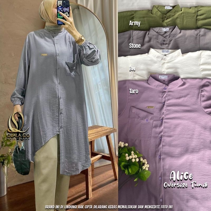 Alice Long Tunik Polos Putih Army Oversize Jumbo Crinkle Airflow Ld 120-140 Busui Kancing By Olala