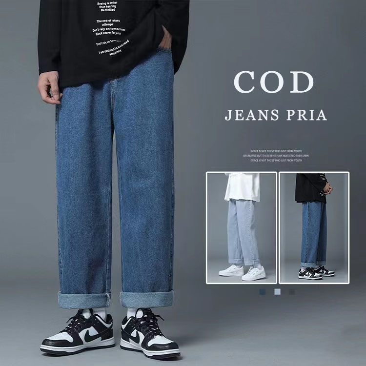 Celana jeans pria biru celana panjang jeans oversize baggy pants celana kulot korean style loose pants celana cowok highwaist jumbo celana anak laki laki