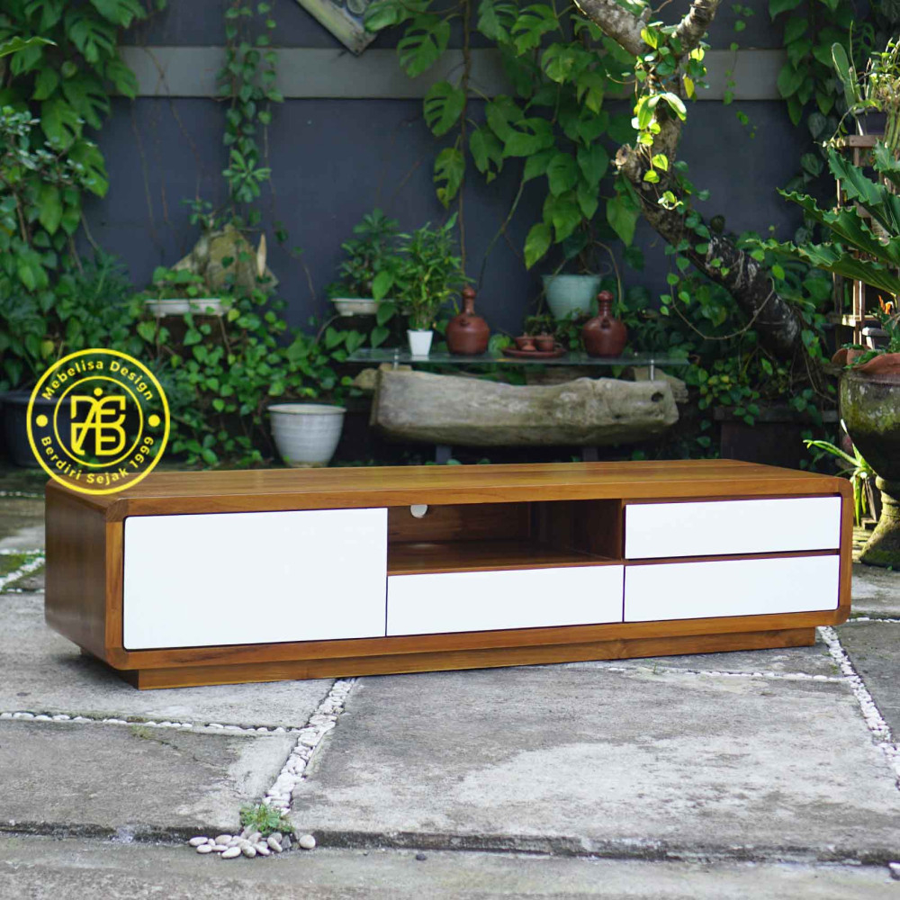 Meja TV Kayu Jati Minimalis Modern Kombinasi Putih