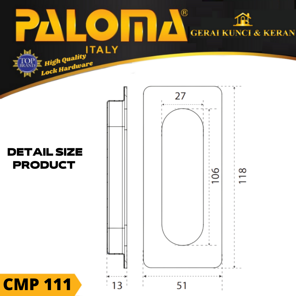 PALOMA CMP 111 SQUARE 12 CM  COMEN HANDLE PINTU SLIDING STAINLESS SSS