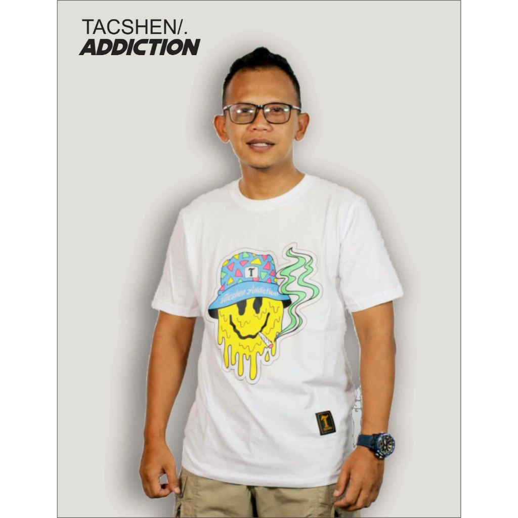 Kaos Pria Distro Lengan Pendek Tacshen Motif Addiction Bahan Catton Combad 30s Sablon Plastisol