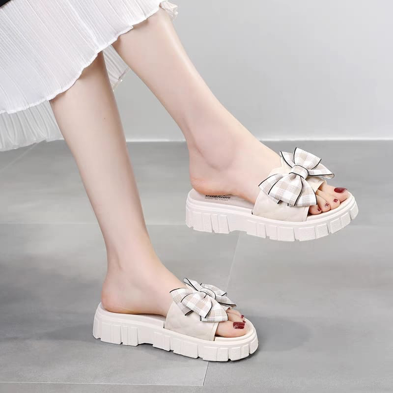 TG1668 Sandal Wedges Wanita  Slipper Pita Motif  Kotak Kotak Terbaru