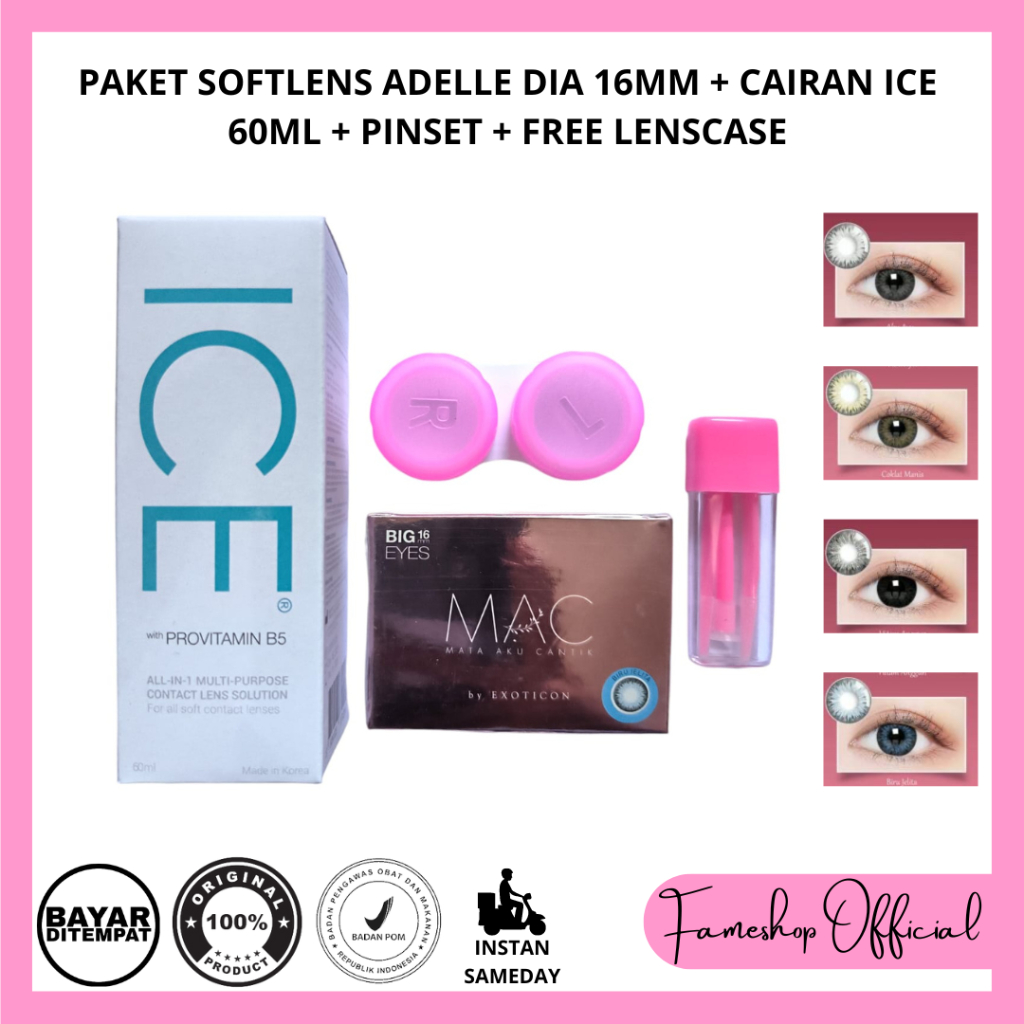 PAKET SOFTLENS MAC MATA AKU CANTIK DIA 15MM + CAIRAN ICE 60ML + PINSET + FREE LENCASE