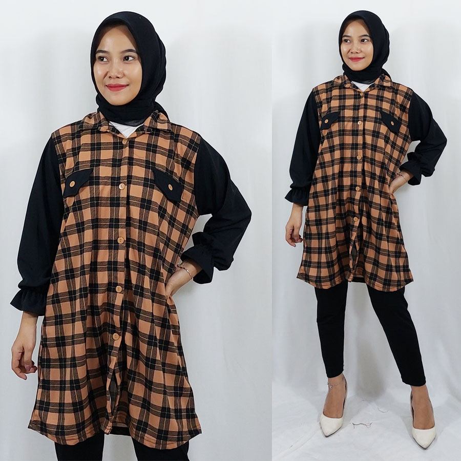 CARLINA TUNIK KOTAK PUTRI DRESS KEMEJA TARTAN FLANEL WANITA FASHION