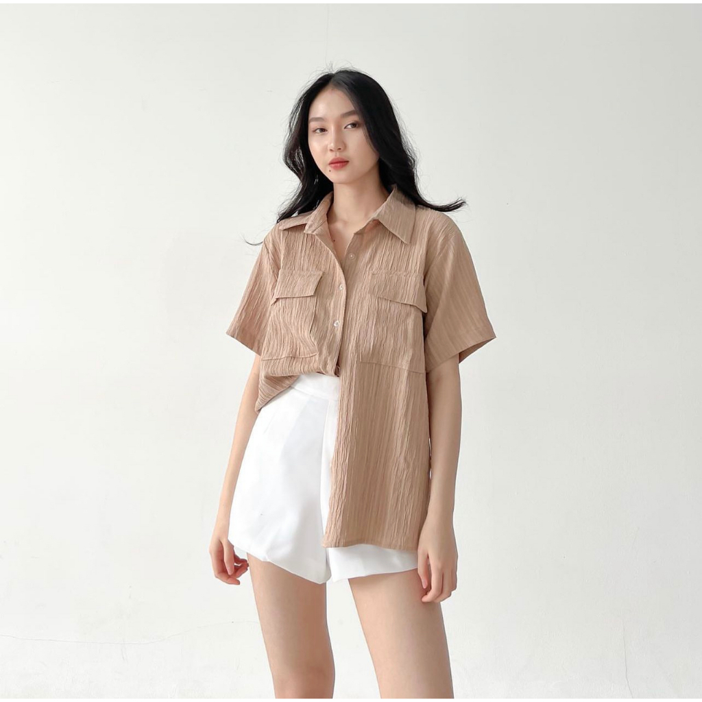 Kay Crinkle Top / Atasan Serat Kayu / Blouse Offive Wanita / Kemeja Wanita Lengan Pendek / SJJ