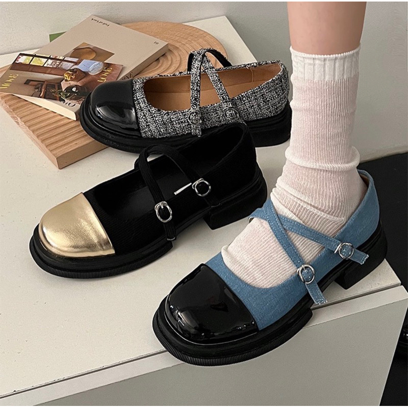[READY STOCK] FRENCH MARY JANE LOAFERS sepatu tweed jeans denim flat shoes lucu gaya model wanita pe