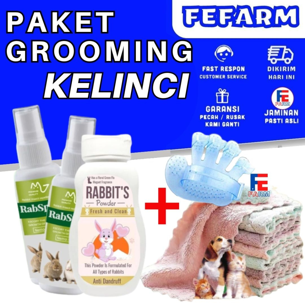 Paket Hemat Grooming Mandi Kelinci Plus Shampoo Anti kutu dan Jamur Perlengkapan Mandi Kelinci Bedak Grooming Kelinci Alat Mandi Kelinci