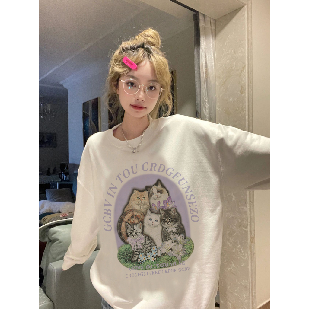 EUNII Sweater Lengan Panjang Cartoon Cat Family Printing Korean Style/Sweater Crop/Baju Wanita/Switer Wanita/Switer