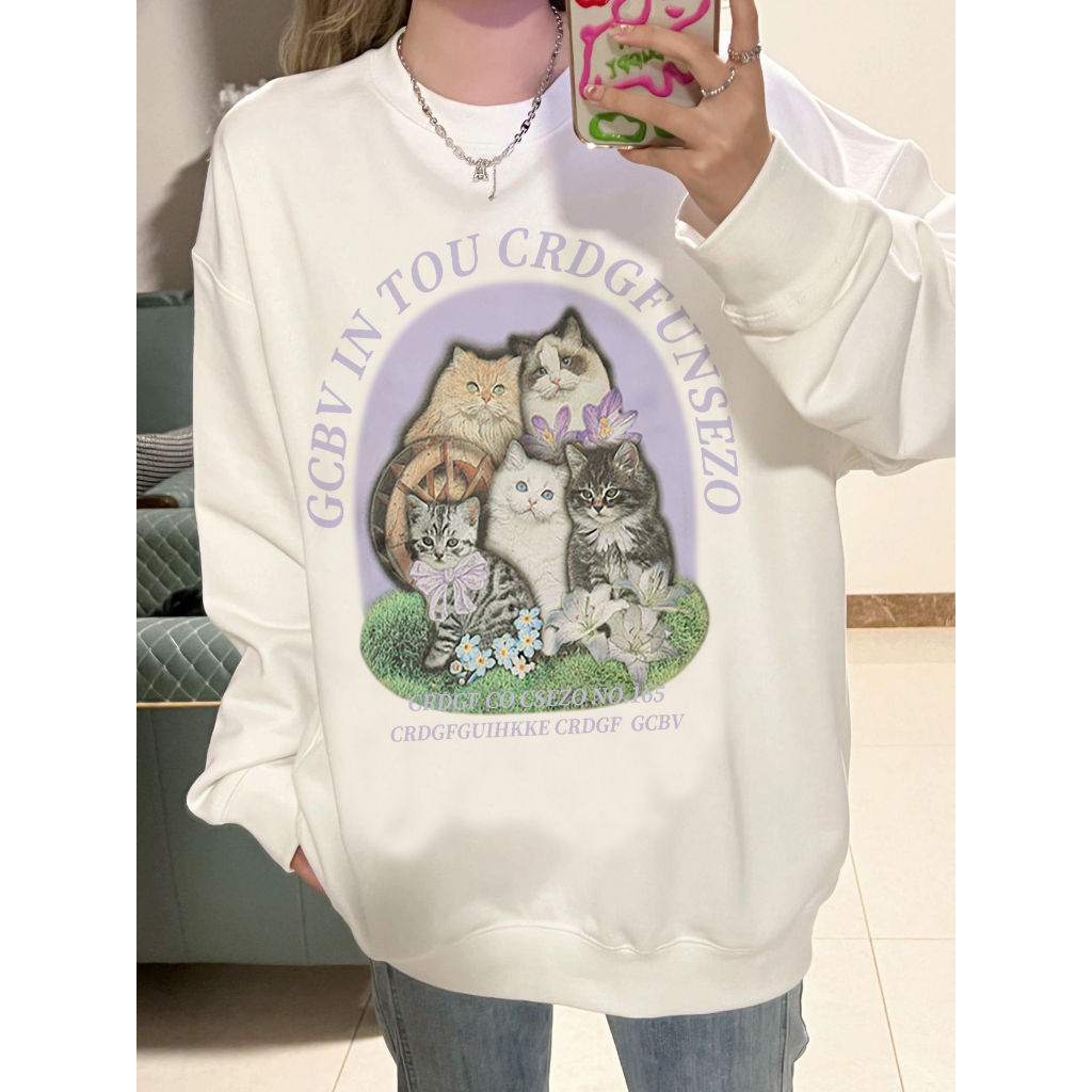 EUNII Sweater Lengan Panjang Cartoon Cat Family Printing Korean Style/Sweater Crop/Baju Wanita/Switer Wanita/Switer