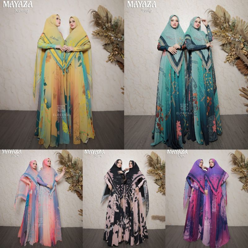 Mayaza Series By Eldeena Syari Original Gamis Ceruty Babydoll Printing Mix Jersey Set Khimar Ceruti 