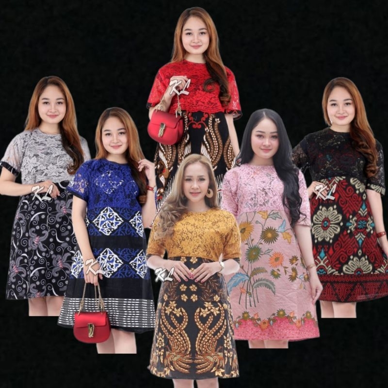Ori Aksara Batik - Dress Brukat Wanita Modern Korean Style Kombinasi Batik Katun Prima Ukuran S M L 
