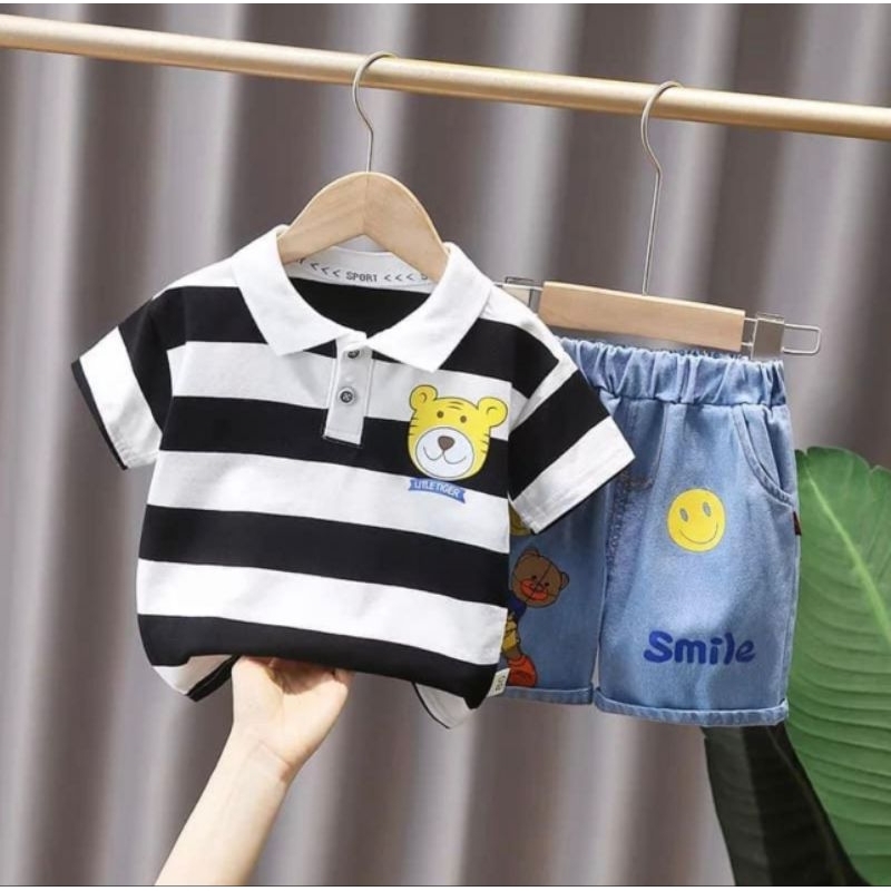 Promo setelan kaos krah celana jeans anak laki laki terbaru usia 1 sampai 5 tahun motif salur/baju anak/setelan anak/pakaian anak