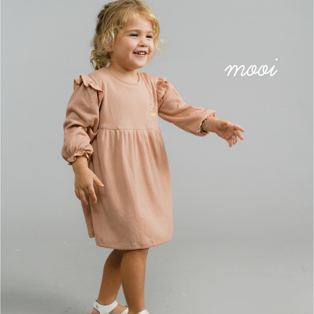 Mooi Lizy Rib Long Dress 1-5 Tahun Dress Panjang Reeb Ruffle Bordir Anak Perempuan