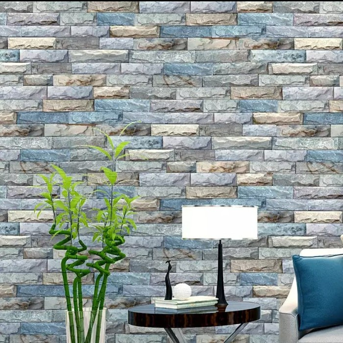 Wallpaper Wallstiker Dinding Bata Batu Alam Abu abu Biru Mewah Elegan Warna Bagus Sudah Ada Lem Taha