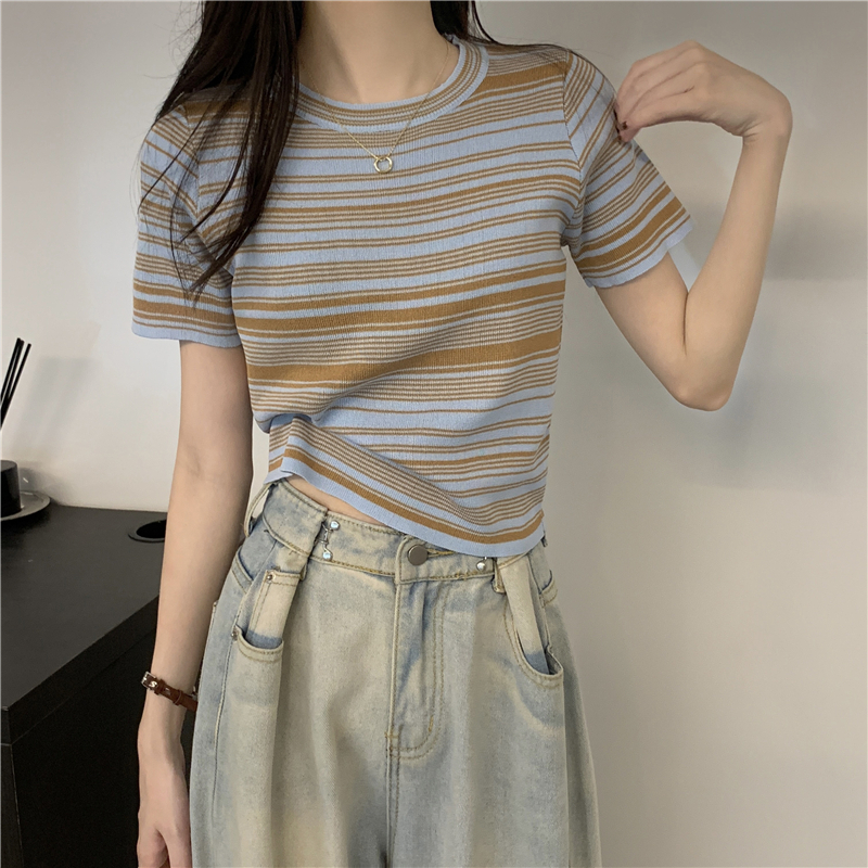 Kaos Knit Crop Top Striped T-shirt  Lengan Pendek Rajut Wanita T-shirt Knit baju