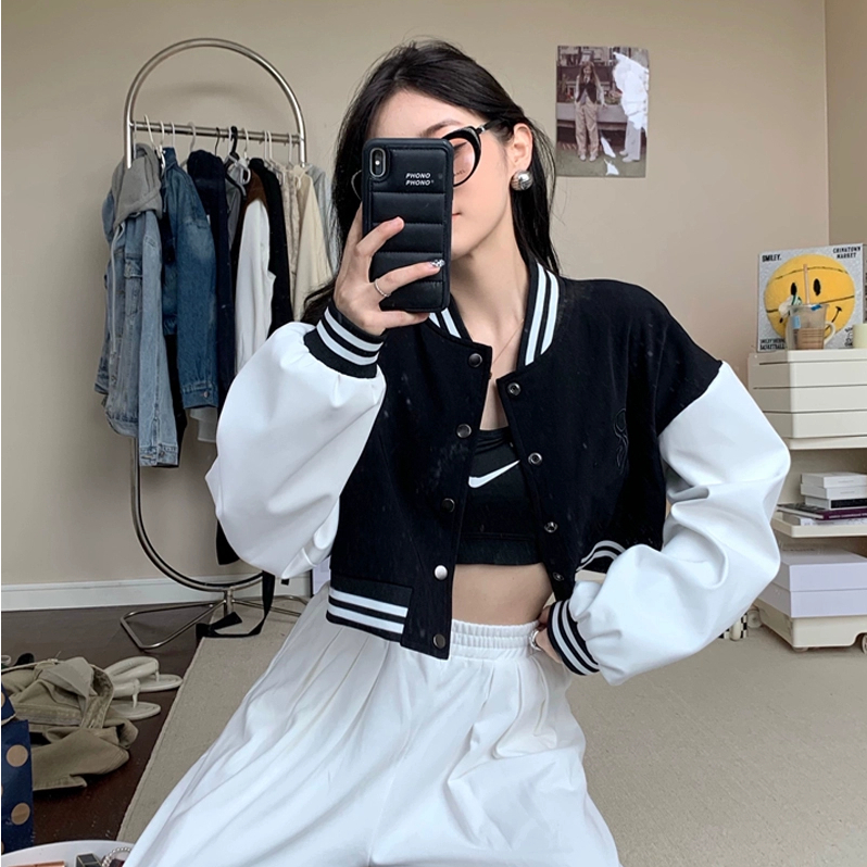 XIAOZHAINV Jaket Baseball Pendek Wanita Korean Style Lengan Panjang Crop Top 0798