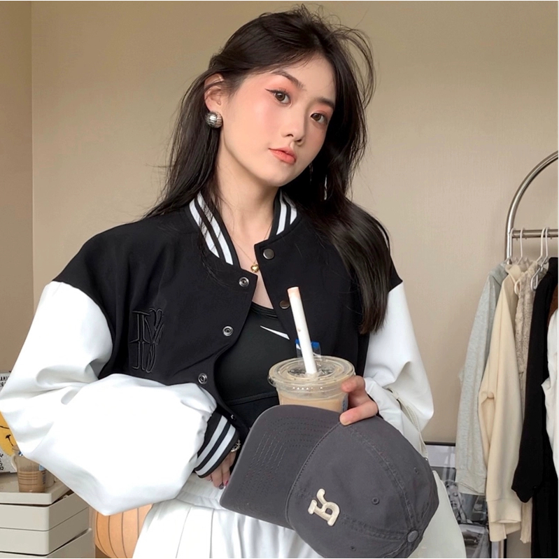 XIAOZHAINV Jaket Baseball Pendek Wanita Korean Style Lengan Panjang Crop Top 0798