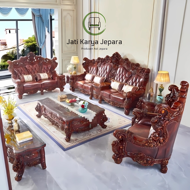 Kursi Tamu Sofa Luxury Kulit Asli Kayu Jati Solid Klasik Gaya Eropa Antik