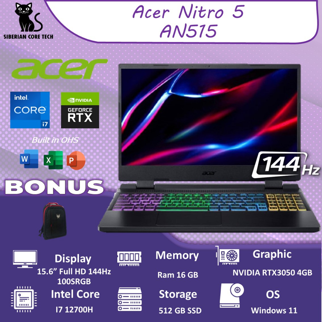 ACER NITRO 5 AN515 RTX3060 6GB/ I9 12900H 16GB 512SSD W11+OHS 15.6FHD 165HZ 100SRGB TGP140 4RGB BLK -58.91T4