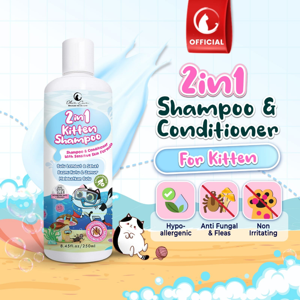 OLIVE CARE Shampo Anak Kucing KITTEN 2in1 - SHAMPOO &amp; CONDITIONER untuk Atasi Jamur, Kutu, Bulu Rontok, Lebatkan Bulu, aman untuk Kulit Kucing