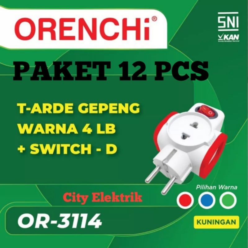 PAKET 12 PCS / Steker T Multy / T Arde Orenchi 4 Lubang + Swit On/Off  OR-3114 ( Kuningan )