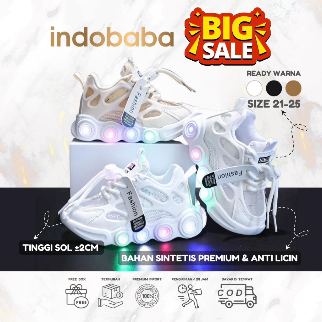 indobaba Sepatu Anak LED Perempuan Sneaker Anak Laki Laki Import Usia 1-5 Tahun S173