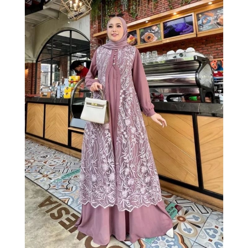 Mika Gamis Ceruty Mix Brukat Terbaru Sage