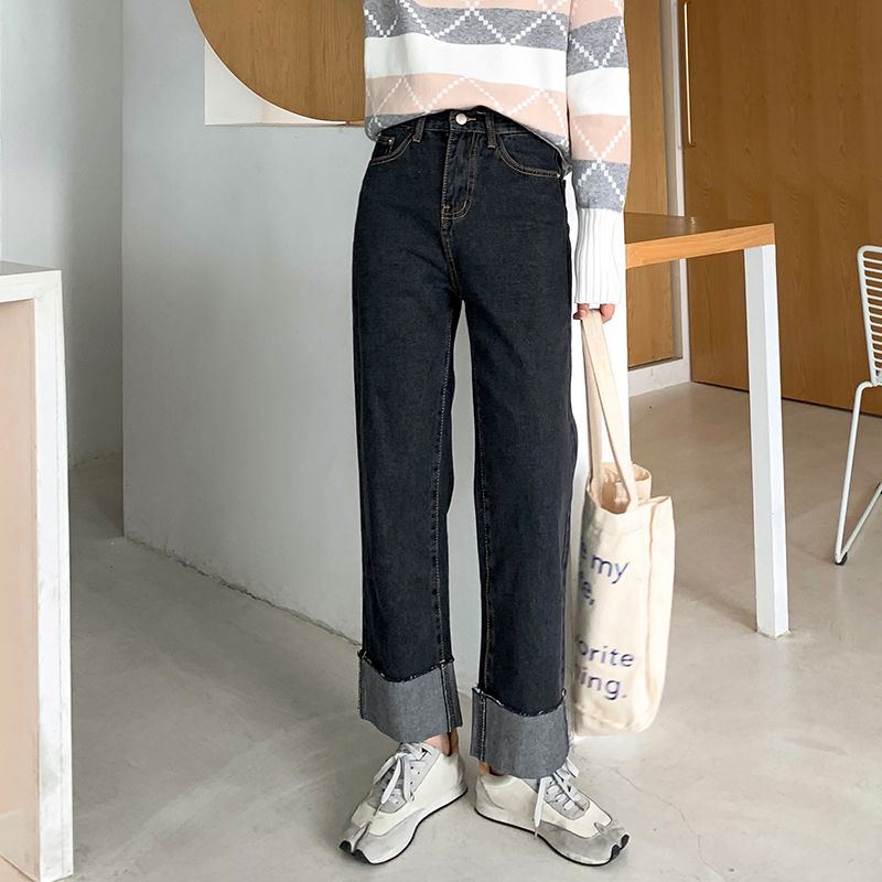 celana jeans hitam wanita/retro highwaist loose jeans kekinian korea style straight jeans